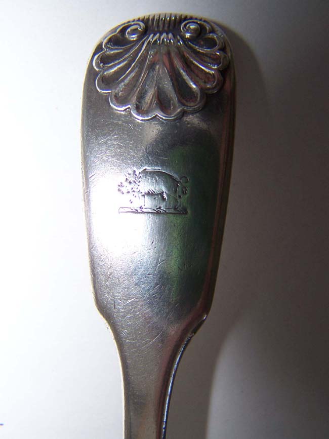 A Set of five Sterling Silver "Double Shell" fiddle pattern Dessert Spoons by Mary Chawner, London, 1834. — image 2